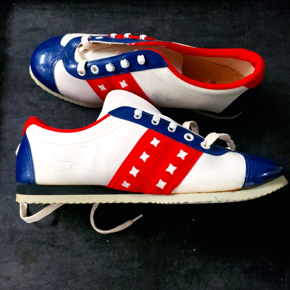 Red, white, and blue women's bowling shoes